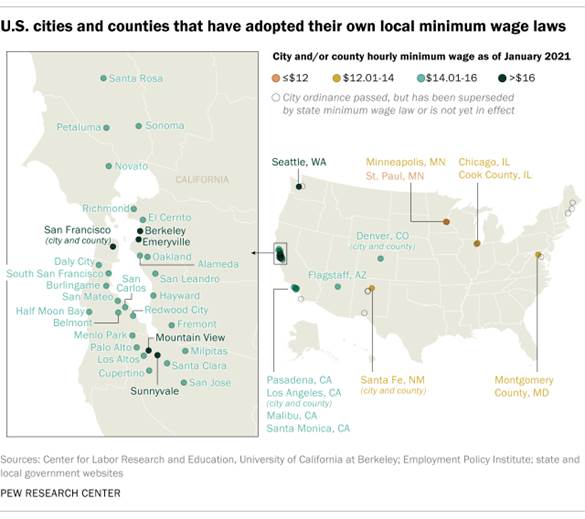 U.S. cities and counties that have adopted their own minimum wage laws
