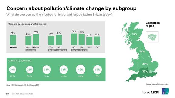 Concern in Britain about pollution/climate change by subgroup - Ipsos MORI - August 2021