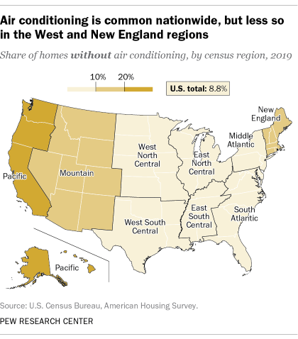 A map showing that air conditioning is common nationwide, but less so in the West and New England regions