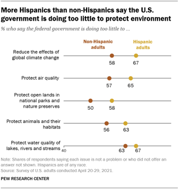 A chart showing that More Hispanics than non-Hispanics say the U.S. government is doing too little to protect the environment