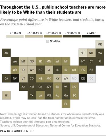 A map showing that throughout the U.S., public school teachers are more likely to be White than their students are