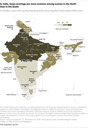 A map showing that in India, head coverings are more common among women in the North than in the South
