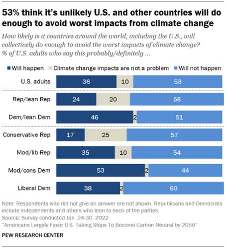 A bar chart showing that 53% think its unlikely U.S. and other countries will do enough to avoid worst impacts from climate change