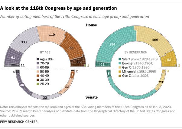 A chart showing the number of voting members of the 118th Congress in each generation and age group